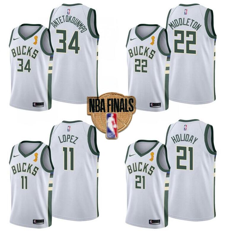 

Milwaukee Bucks jersey 2021 NBA Finals Champions 34 Giannis Antetokounmpo 22 Khris Middleton 21 Jrue Holiday 17 Tucker Basketball jerseys white
