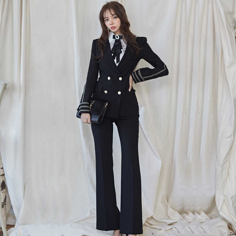 

Professional Suit Trousers Two-piece High Quality Autumn and Winter Double-breasted Office Jacket Elegant Flared Pants 210527