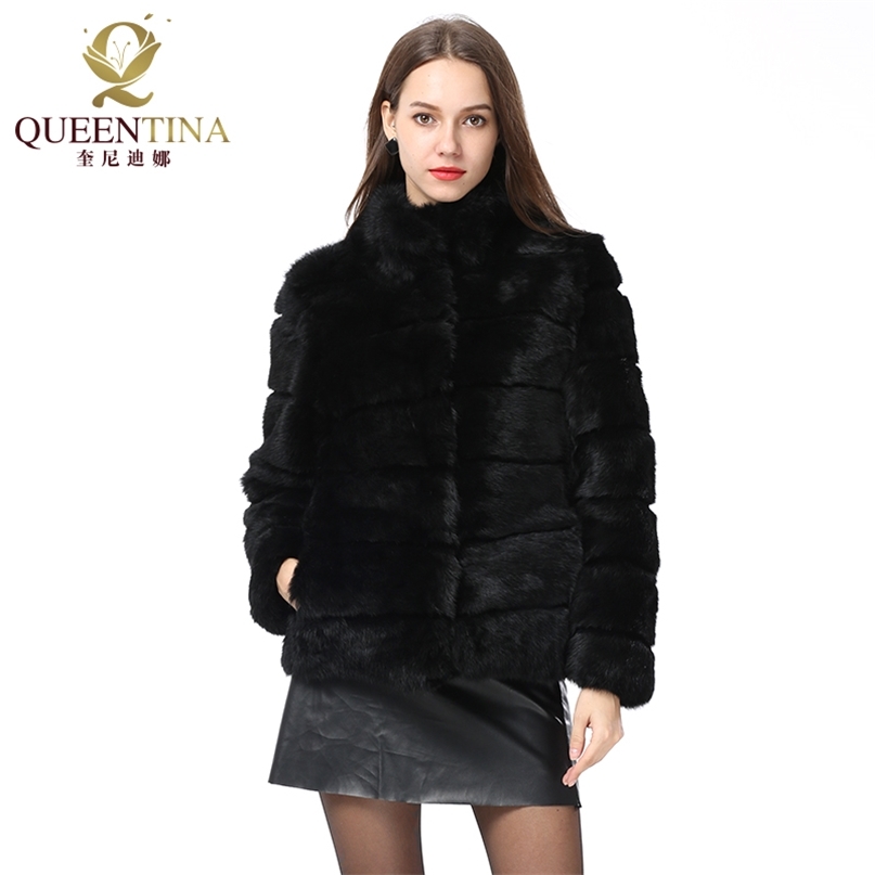 

Whole Full Pelt Rabbit Fur Coat Stand Collar Jacket Real Winter Women Fashion Waistcoat Natural 211018, Black