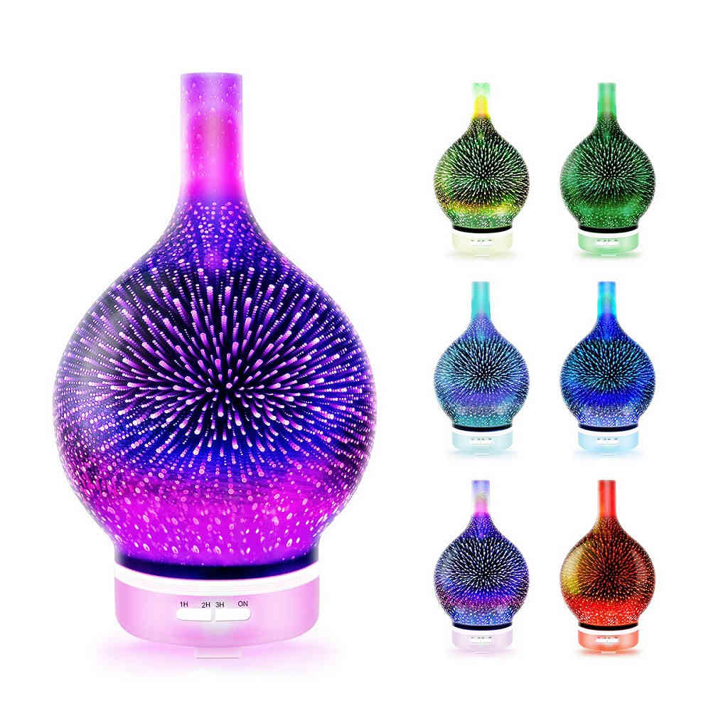 

120Ml 3d Fireworks Glass Electric humidifier Essential Aroma Oil Diffuser Ultrasone Aroma Diffuser Romantic Sphere Light 210430