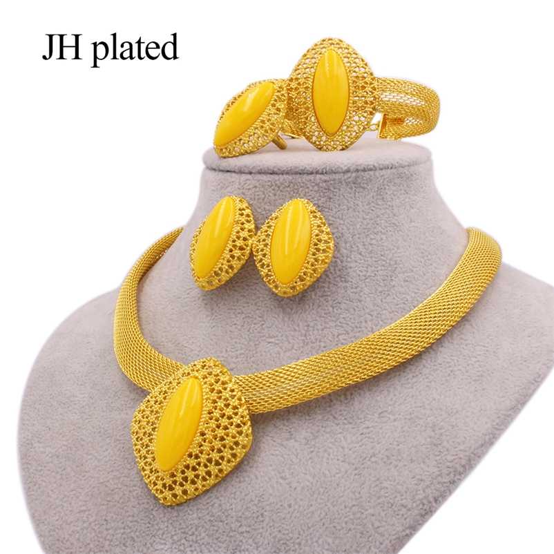 

African 24k gold color jewelry sets for women Dubai bridal wedding wife gifts gem necklace bracelet earrings ring jewellery set 211015, Black