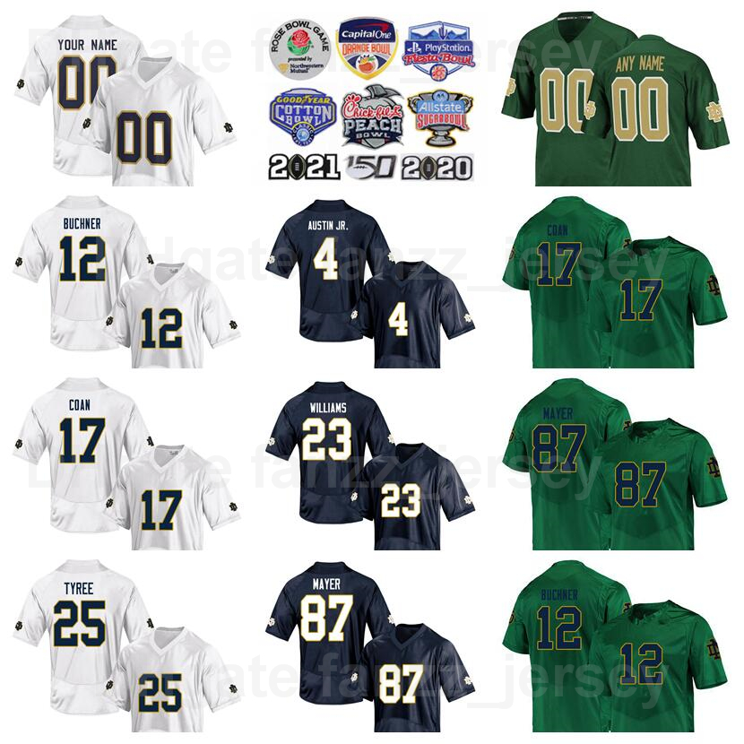 

NCAA Football College Notre Dame Fighting Irish Jersey 17 Jack Coan 23 Kyren Williams 12 Tyler Buchner 25 Chris Tyree 87 Michael Mayer 4 Kev, Black