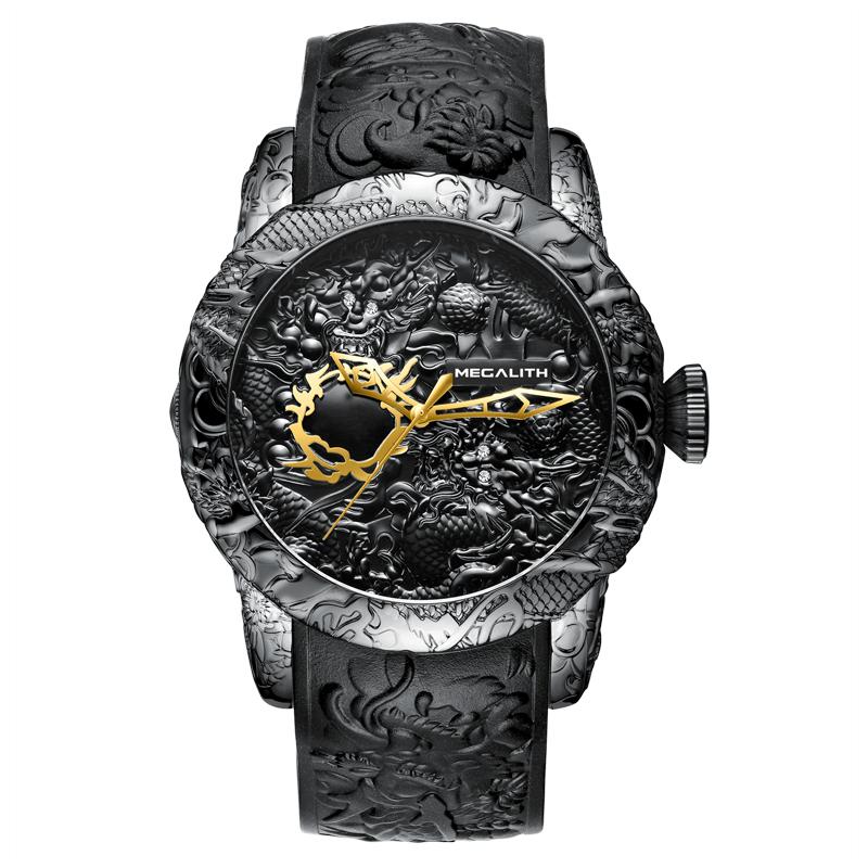 

Wristwatches MEGALITH Luxury Gold Dragon Sculpture Mens Watch Casual Waterproof Big Dial Rubber Quartz Wrist Watches Clock Reloj Hombre, Gold mechanical