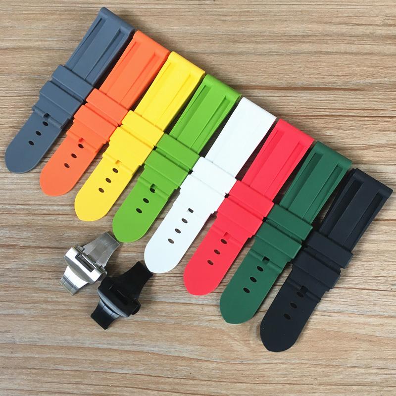 

Watch Bands 24mm Black Red Gray Orange White Green Yellow Soft Silicone Rubber Watchband Replace For PAM PAM441 PAM111 With Butterfly Buckle