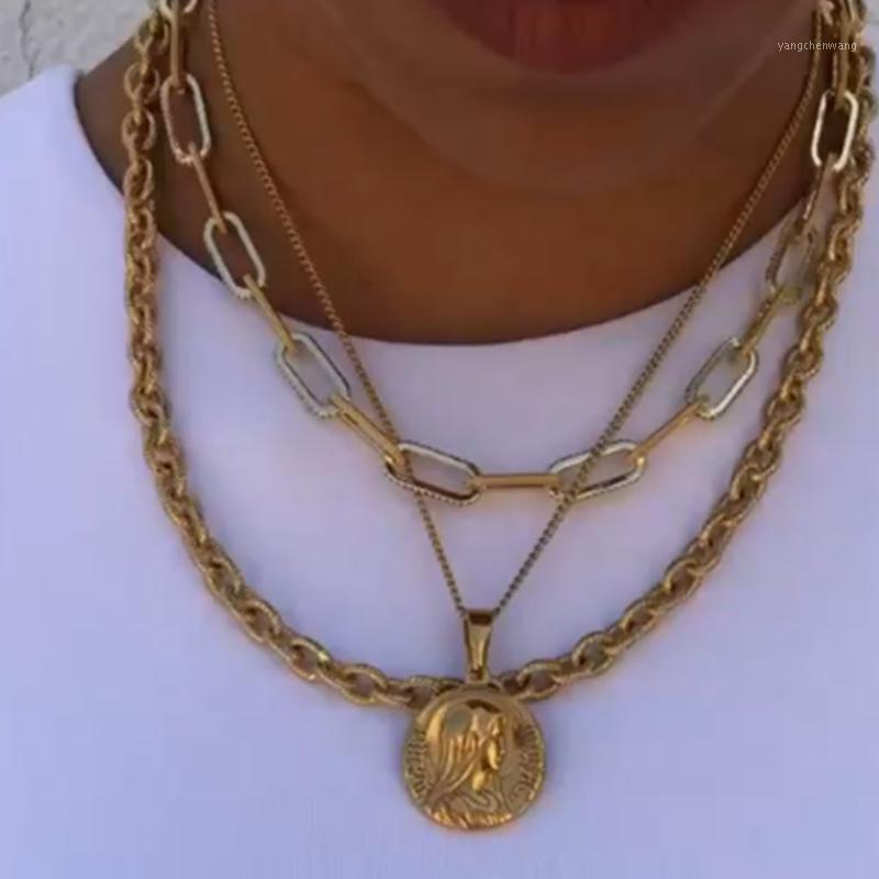 

Chains JUST FEEL Boho Multilayered Portrait Coin Pendant Necklace For Women Simple Gold Color Metal Chain Fashion Jewelry Gift