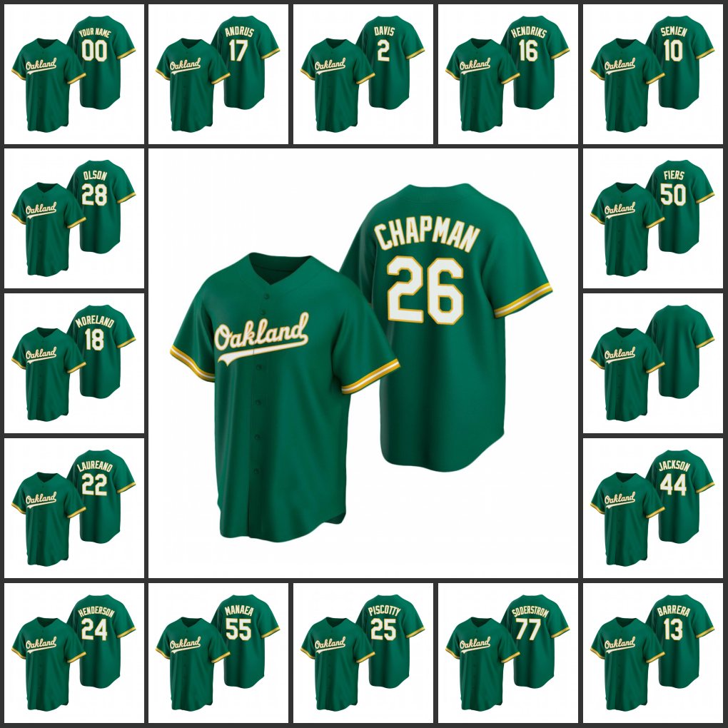

OaklandAthletics Baseball Jersey Men Women Youth #13 Luis Barrera 24 Rickey Henderson 26 Matt Chapman 77 Tyler Soderstrom Custom Green, Black