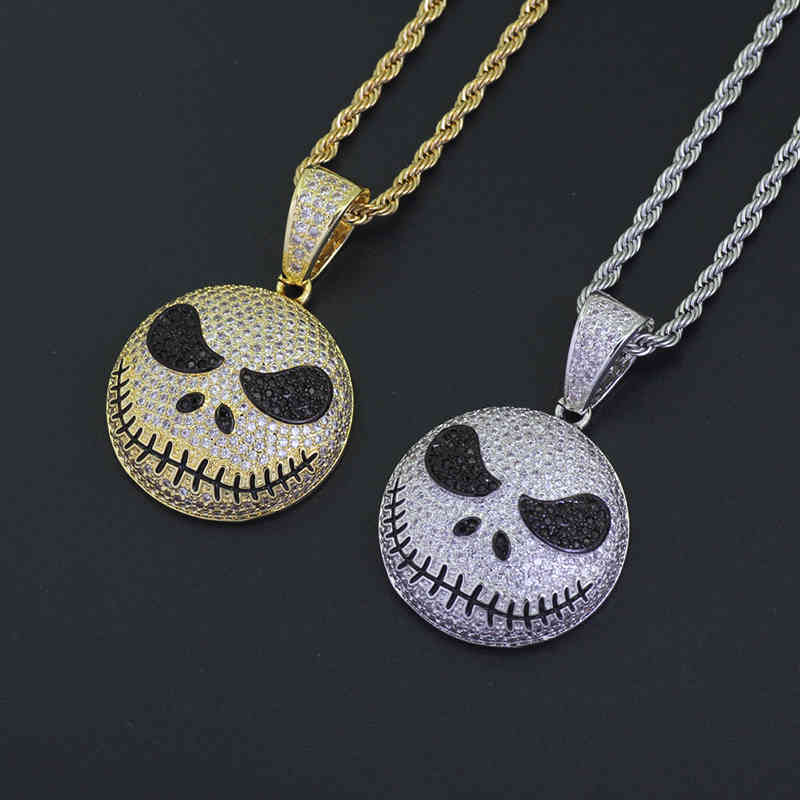 

Iced Out Zircon Ghost Skull Pendant Necklace Jewelry Gold Color Copper Material Bling AAA CZ Men's Hip Pendant For Women X0509