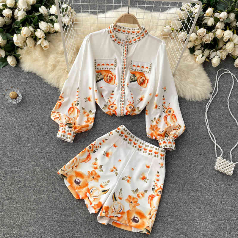 

Women White Printing Shorts Arrivals Stand Collar Puff Sleeve Two Piece Set Fashion Spring Summer 11D587 210525