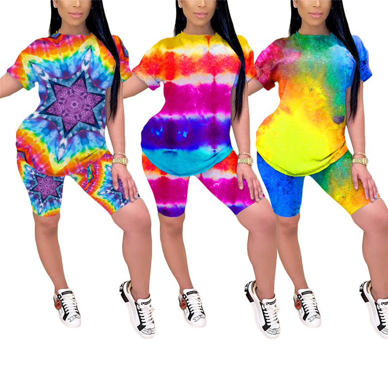 

Tie-Dyeing Print Outfits Women O Neck Short Sleeve Two Piece Set Slim Set Women Tracksuit T-shirt Top Training Suits Streetwear