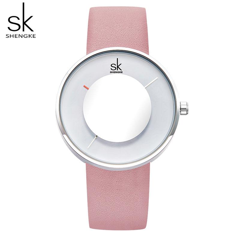 

Wristwatches Brand Fashion Women Watches Shengke Lady Creative Mirror Glass Leather Strap Waterproof Quartz-Watches Feminine, Blue
