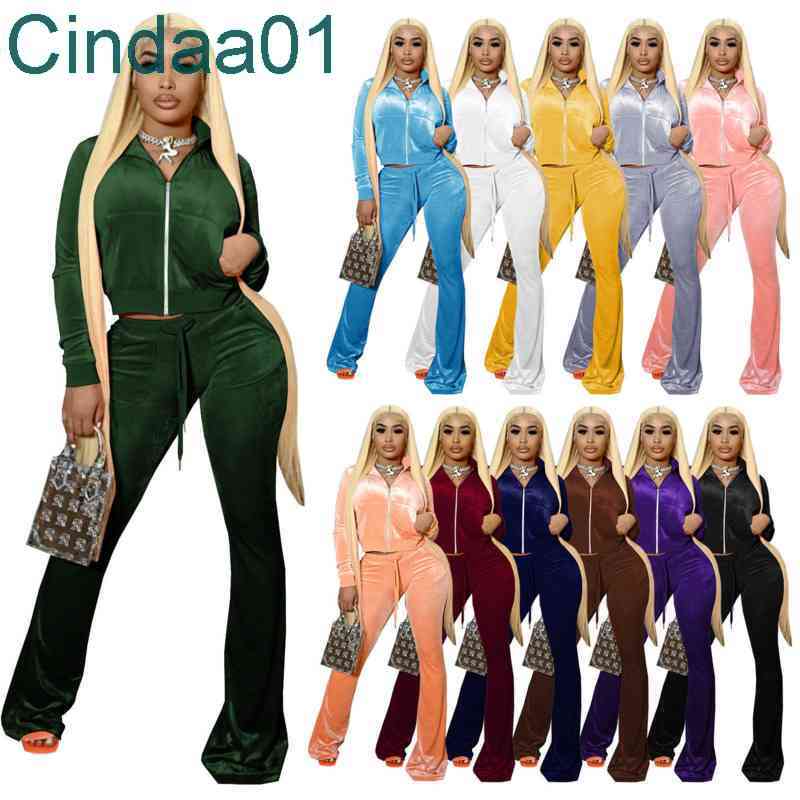 

Women Tracksuits Solid Velvet 2 Piece Outfits Zipper Front Pocket Long Sleeve Jacket Bell Bottom Sweatpant Sport Set XS-XXL 12 Colours, Wine