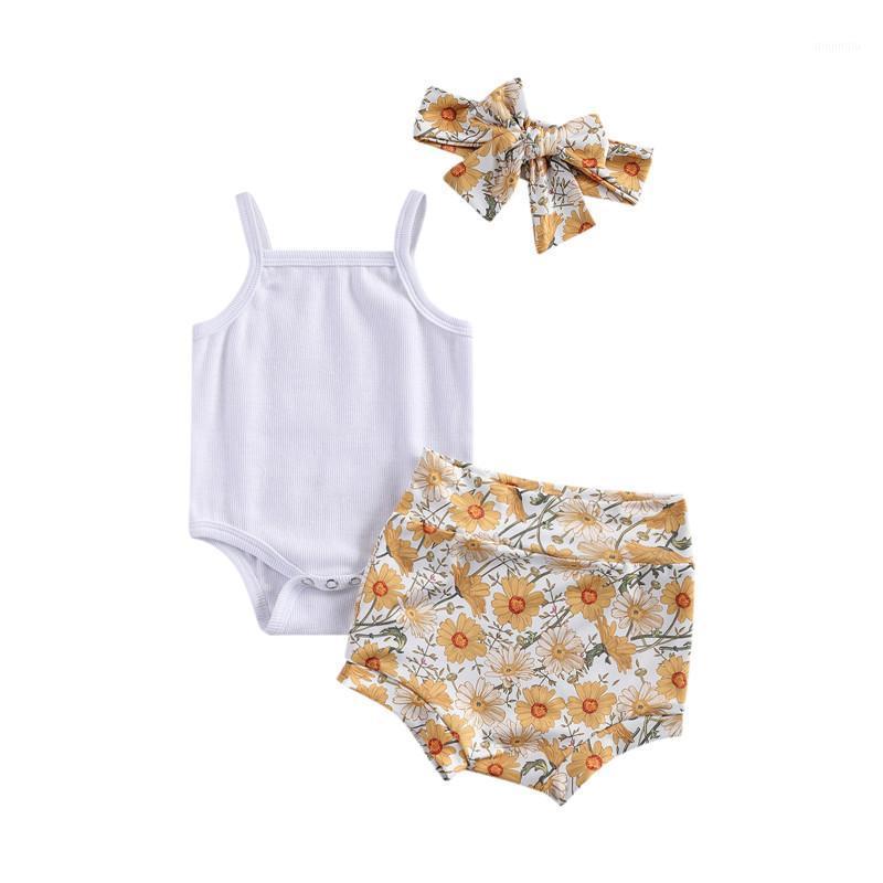 

0-24M Born Baby Girls 3-Piece Outfit Set Sleeveless Romper Daisy Print Shorts Headband 3pcs Summer Clothes Clothing Sets, White