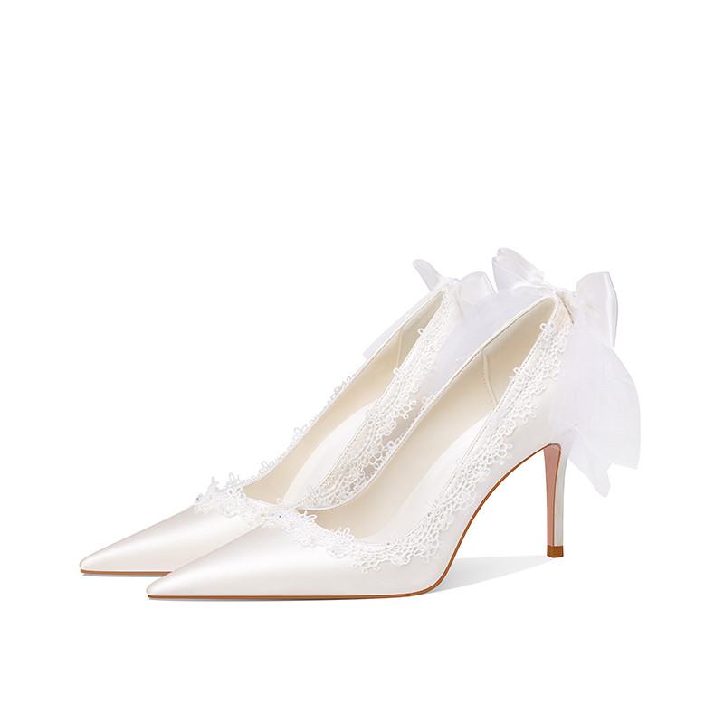 

Dress Shoes Autumn Pointed Lace Bow Stiletto High-heeled White Satin Bridal Wedding Banquet Large Size Women's Single, Heel height 6.5 cm
