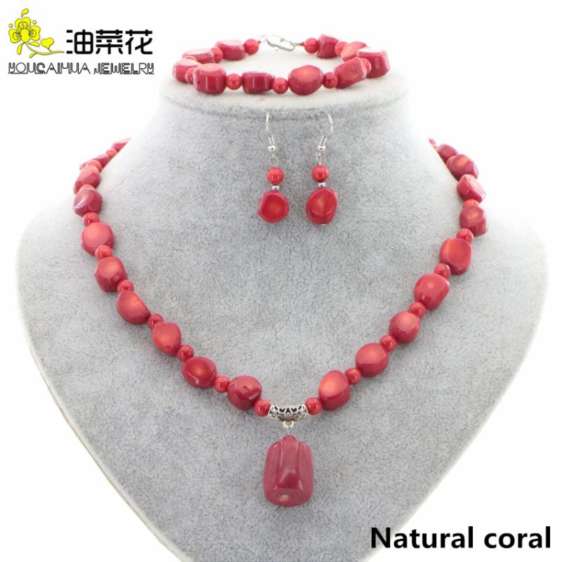 

Earrings & Necklace Natural Red Coral Gemstones Irregular Pendant Bracelet Earring Set Long Chain Women's Health Jewelry Decor Christmas, Silver