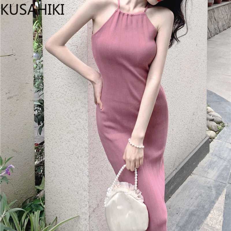 

KUSAHIKI Sexy Halter Knitted Sleeveless Dresses Summer Women Bodycorn Dresses Korean Slim Stretch Sweater Vestido 6J379 210602, Pink