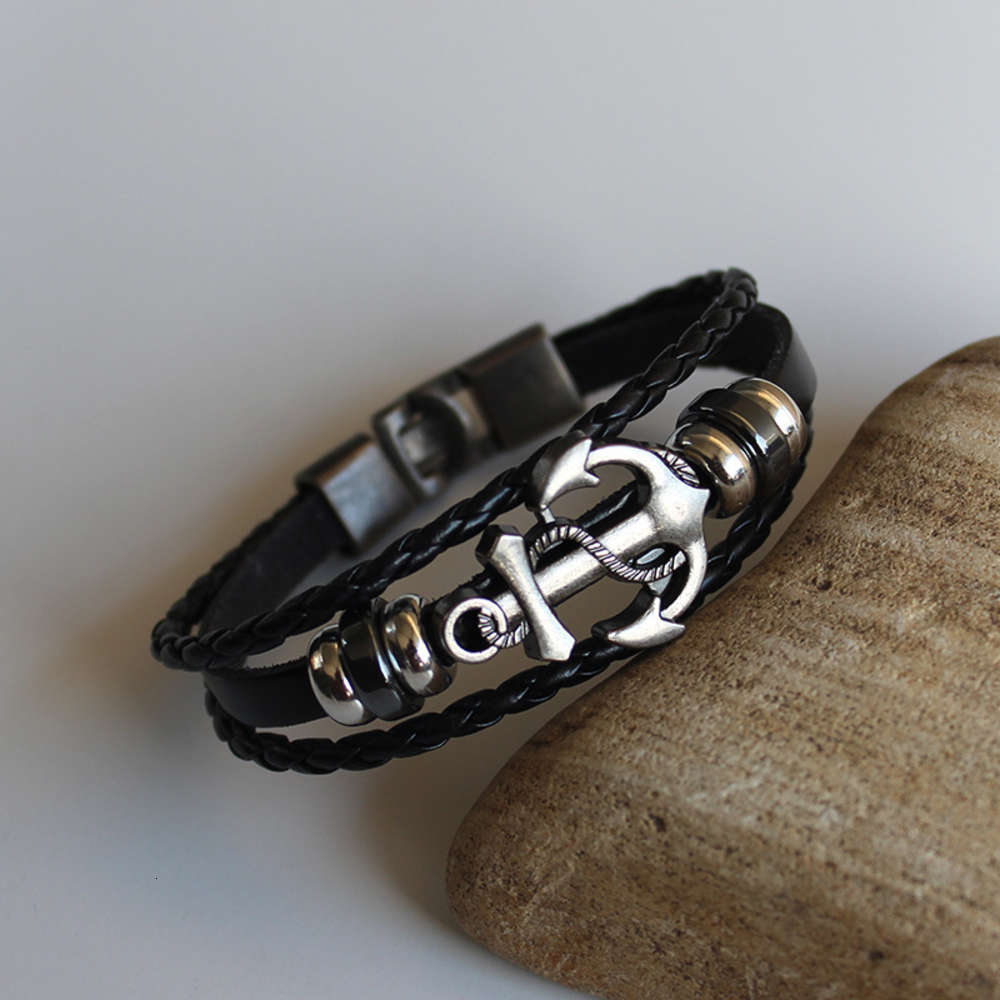 

Hand catenary Luanye alloy anchor woven leather bracelet, Black