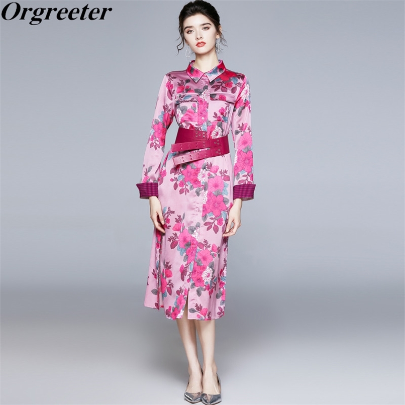 

Purple Floral Print Long Shirt Dress Spring Fall Temperament Patchwork sleeve Chic PU Belt Split Mid 210602, Lavender