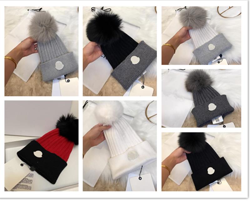 

Designer Winter Wool Beanie Hat With fox Fur Pompoms Women Men Soft Stretch Cable Knitted Pom Poms Cashmere Hats Female Warm Skull Caps Bean, Blue;gray