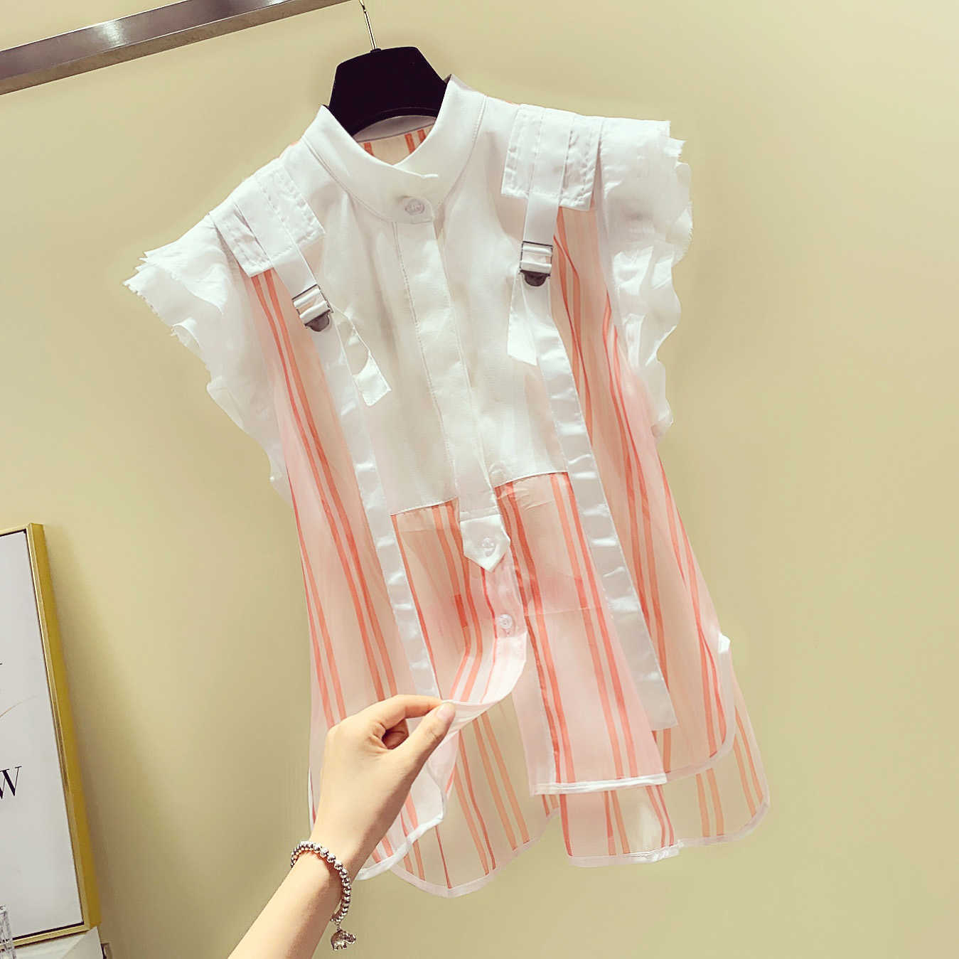 

Fashion Sleeveless Striped Shirts Women Wild Casual Ladies Chiffon Blouses and Tops Summer Korean-Style Clothing 210615, Pink