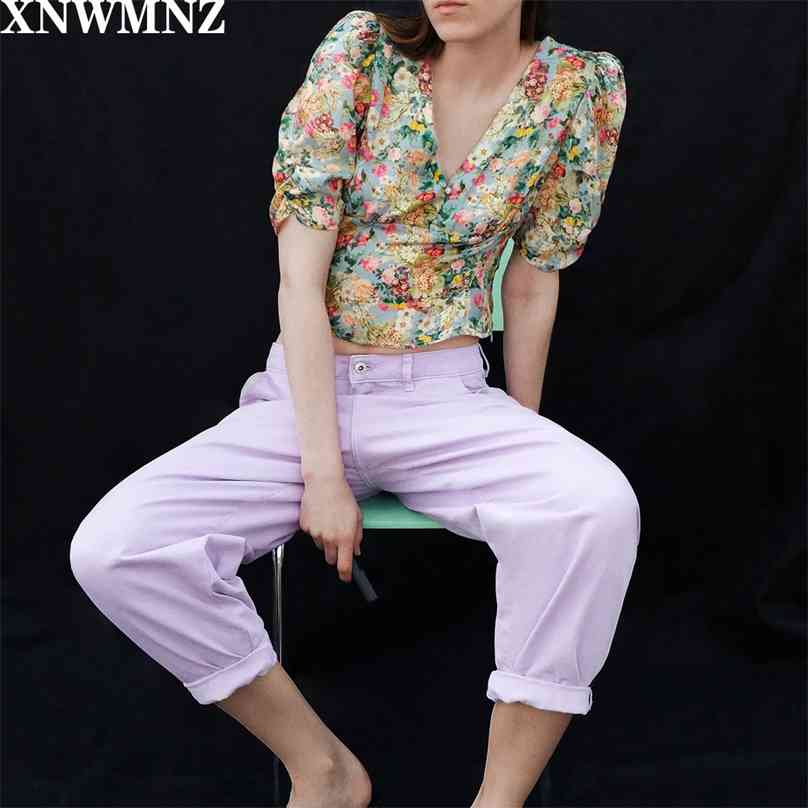 

women Printed satin blouse Cropped featuring V-neck short sleeves invisible side zip front button tops 210520, Multi