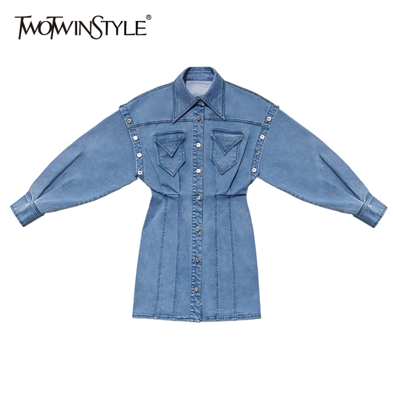 

Casual Denim Dresses Female Lapel Collar Lantern Long Sleeve High Waist Mini Summer Dress Women Fashion Clothes 210520, Black