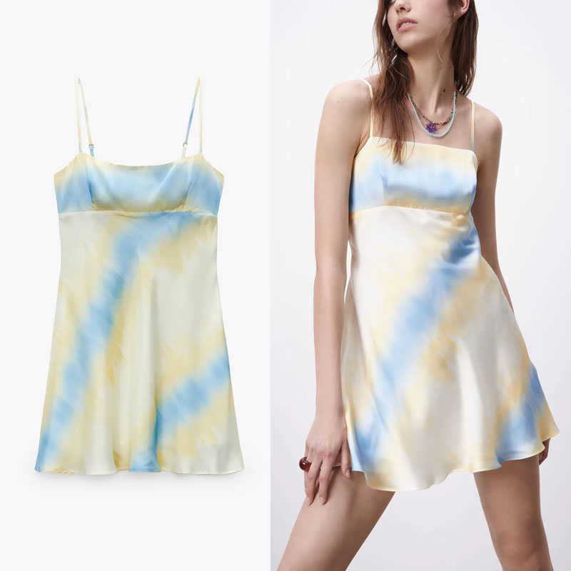 

Za Tie Dye Satin Summer Dress Women Sleeveless Spaghetti Straps Backless Sexy Party Dresses Woman Elastic Retro Mini Dress 210602, As picture