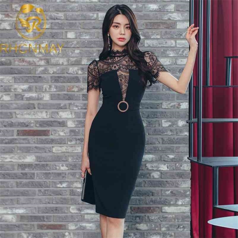 

Korea Elegant Black Patchwork Lace Dresses Summer Short Sleeve Split Sexy Women Party OL Office Pencil 210520