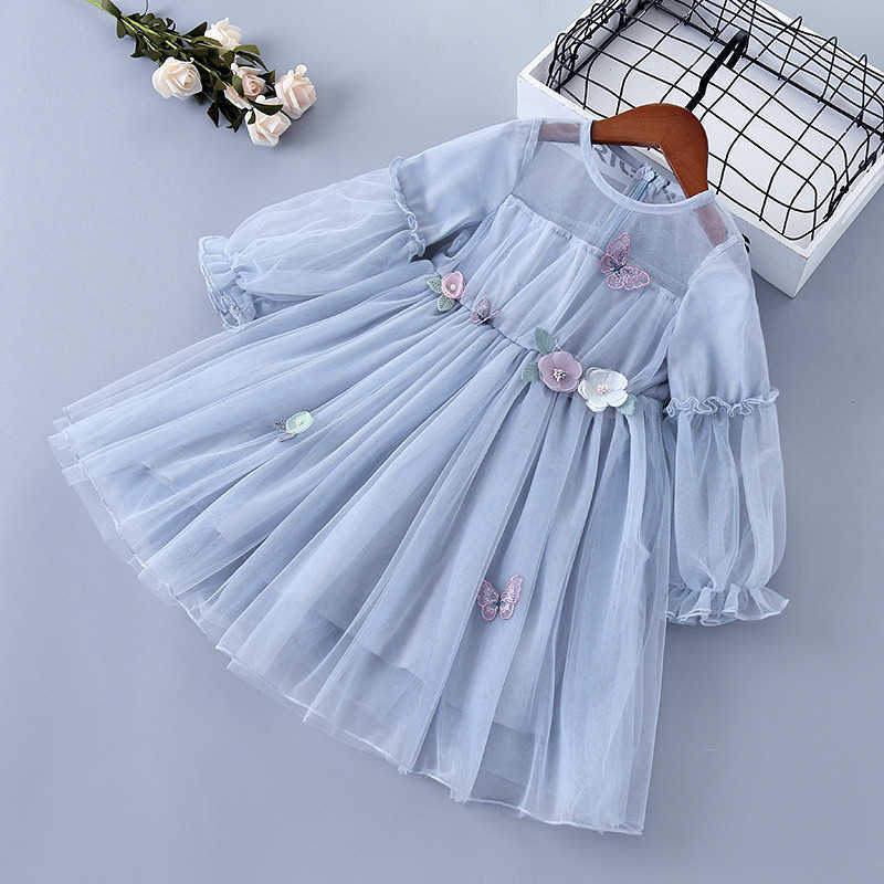 

2-7 Years High Quality Spring Girl Dress Lace Chiffon Floral Draped Ruched Kid Children Clothing Princess 210615, Blue