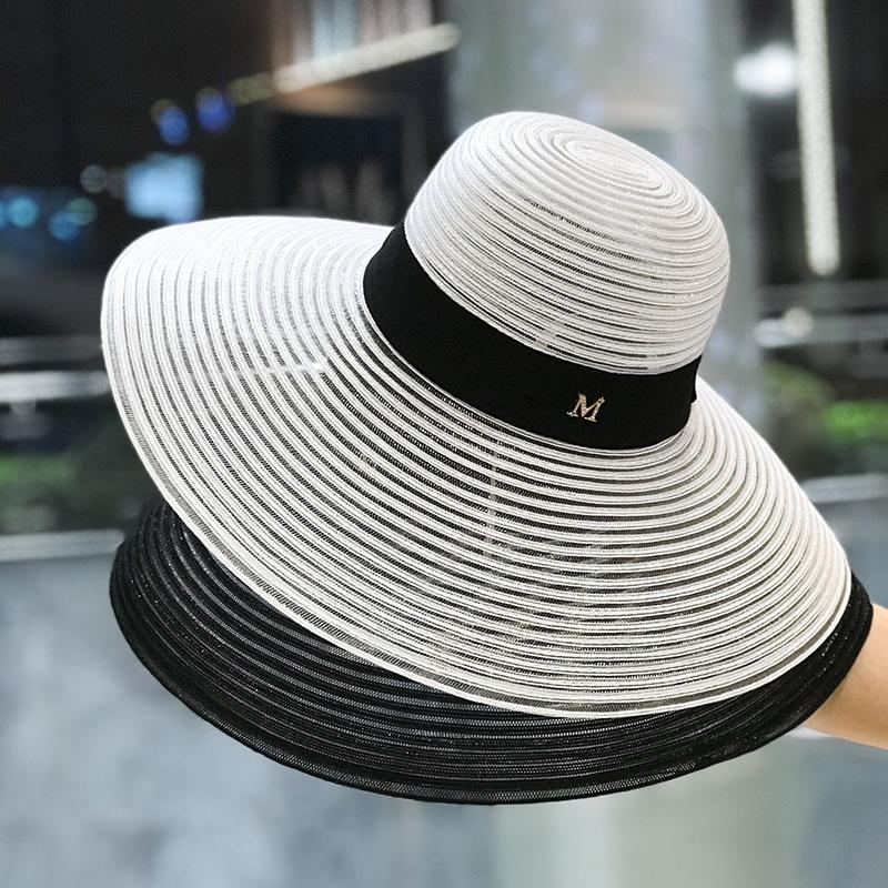 

Wide Brim Hats Hepburn Style Broad-Brimmed Hat M Standard Bright Silk Sun Female Fashionable Stylish Summer Beach Trip Protection, M 56-58cm
