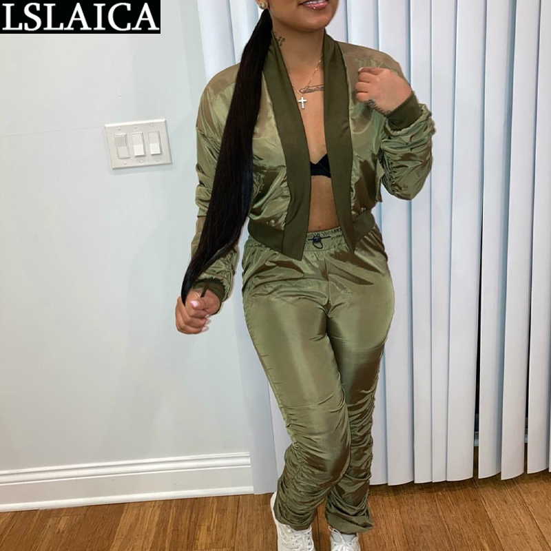 

Track Suit Women Fashion Casual Ruched Two Piece Set Top and Pants Elastic Waist Drawstring Long Sleeve Fall Clothes for 210520, Green
