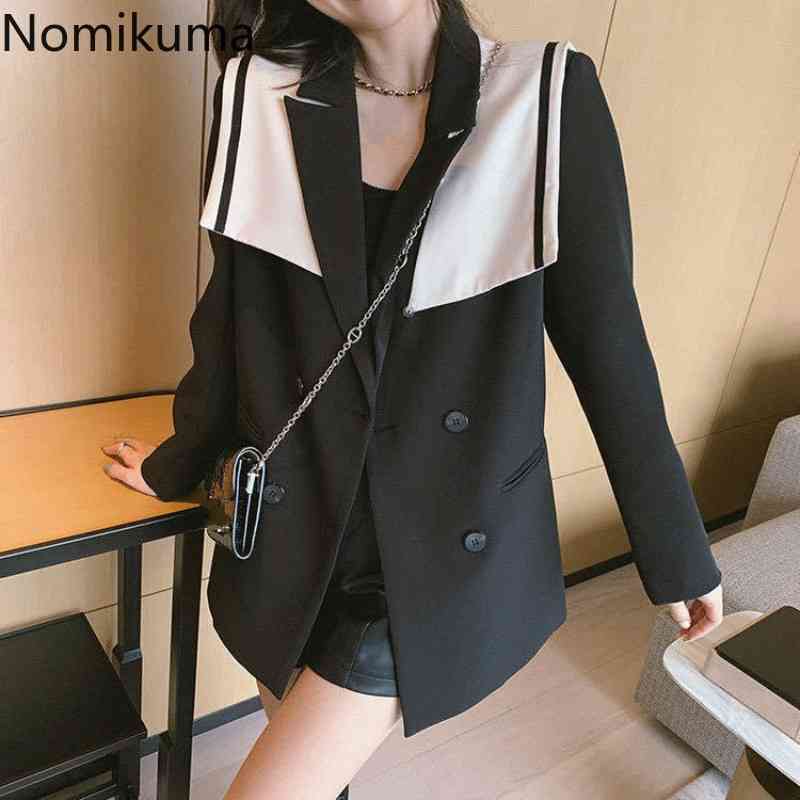 Nomikuma Autumn Women Blazer Coat Stripe Hit Color Patchwork Notched Collar Suit Jacket Korean Double Breasted Blazers6C806 210427