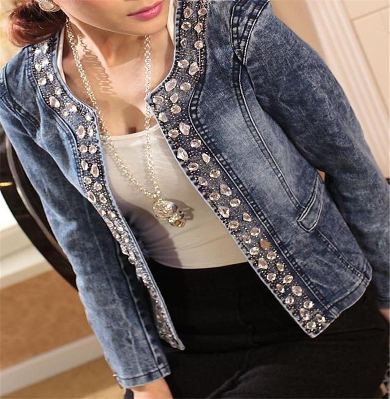 

Women' Jackets Spring And Autumn Elastic Jean Jacket Coats Round Neck Cardigan Denim Fashion Rhinestone Sequin Retro Short Coat, Blue