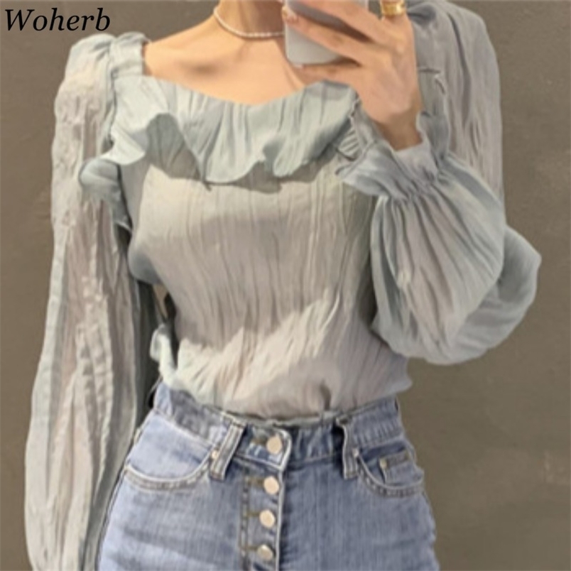 

Sexy Transparent Blouse Women Summer Square Collar Pleated Loose Ruffle All Match Korean Shirt Female Blusas 210519, Pink