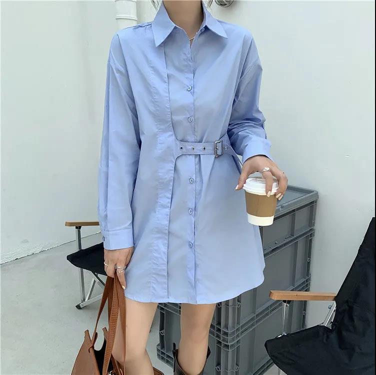 

Design sense niche blue shirt skirt female spring Hong Kong style retro Korean loose mid-length long-sleeved 210525, Black