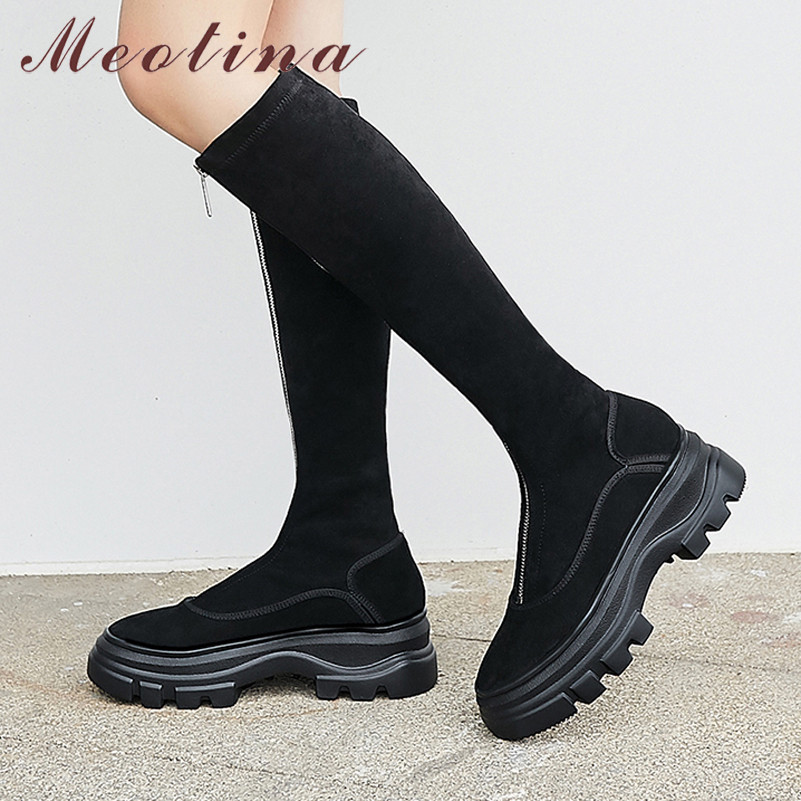 

Winter Knee High Boots Women Natural Genuine Leather Flat Platform Long Slim Stretch Zipper Shoes Lady Fall 34-39 210517, Black
