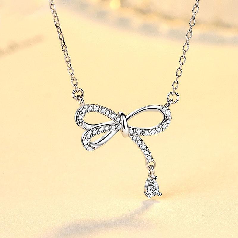 

Chains S925 Silver Exquisite Diamond Bowknot Necklace Trendy Personality Wild Zircon Pendant Clavicle Chain
