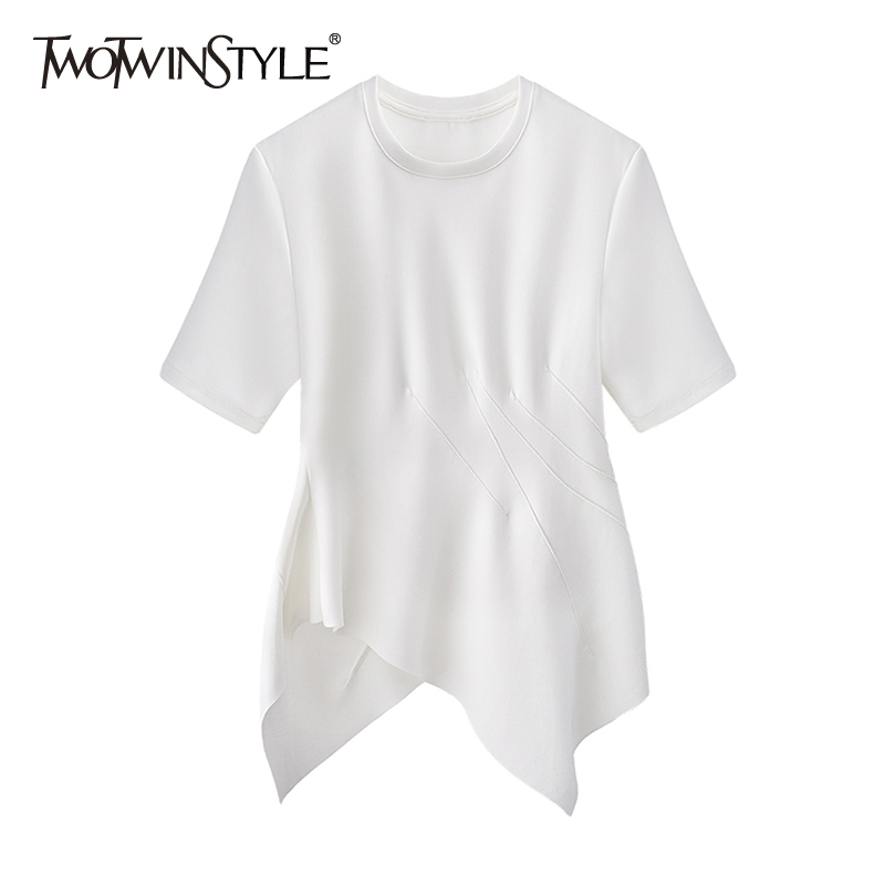

TWOWINSYLE Casual White Shirt For Women O Neck Short Sleeve Irregular Hem Straight Shirts Females Summer Fashion 210524, Black