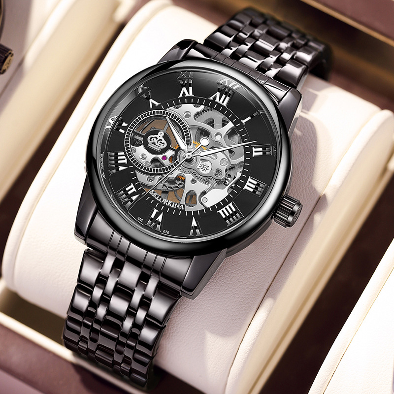 

Fashionable automatic mechanical wristwatches personalized waterproof transparent skeleton dial mechanical steel strap belt modern watch for Men daily wear, Black