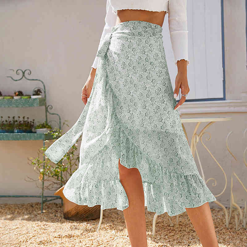 

Lucyever Casual Ruffles Split Skirt Women Fashion Floral Tied Wrap Long Skirt Woman Spring Summer High-waisted A Word Skirt 210521, Green