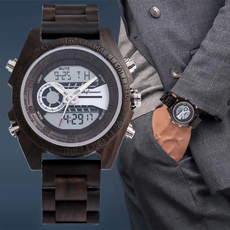 

Wristwatches Mens Full Wood Watch Digital Poiner Dual Display Dial Black Wooden Quartz Clock With Strap Adjuster Manual Male Birthday Gift, Wooden watch a