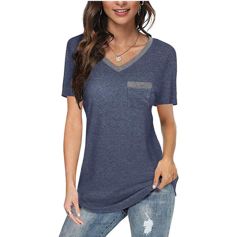 

Women' T-shirt Plus Size 2021 Summer Color Matching V-neck Pocket Casual Loose, Green