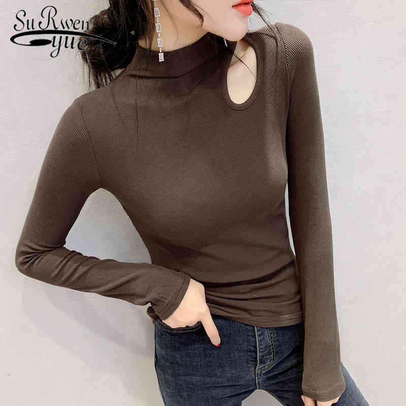 

Sexy Autumn Women Tops Fashion Turtleneck Long Sleeve Shirt Solid Hollow Out Slim Elegant Cotton 7303 50 210521, Gray