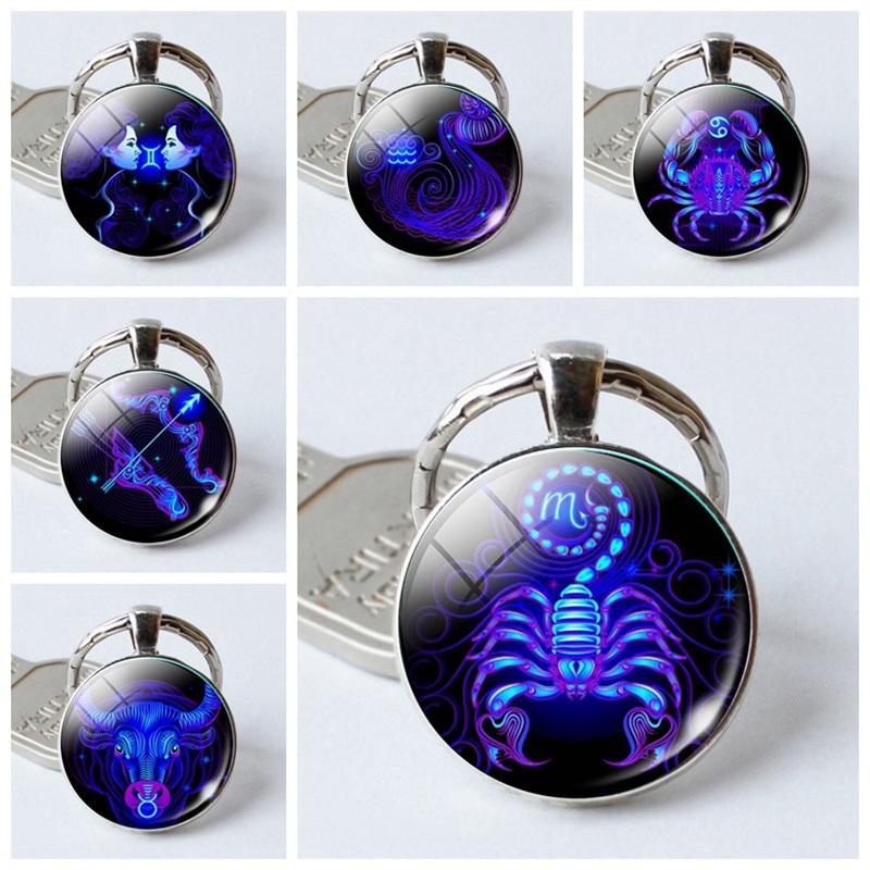 

Keychains Classic 12 Constellation Time Gem Key Rings Scorpio Sagittarius Pisces Aries Virgo Chains Special Season Gift For Friends