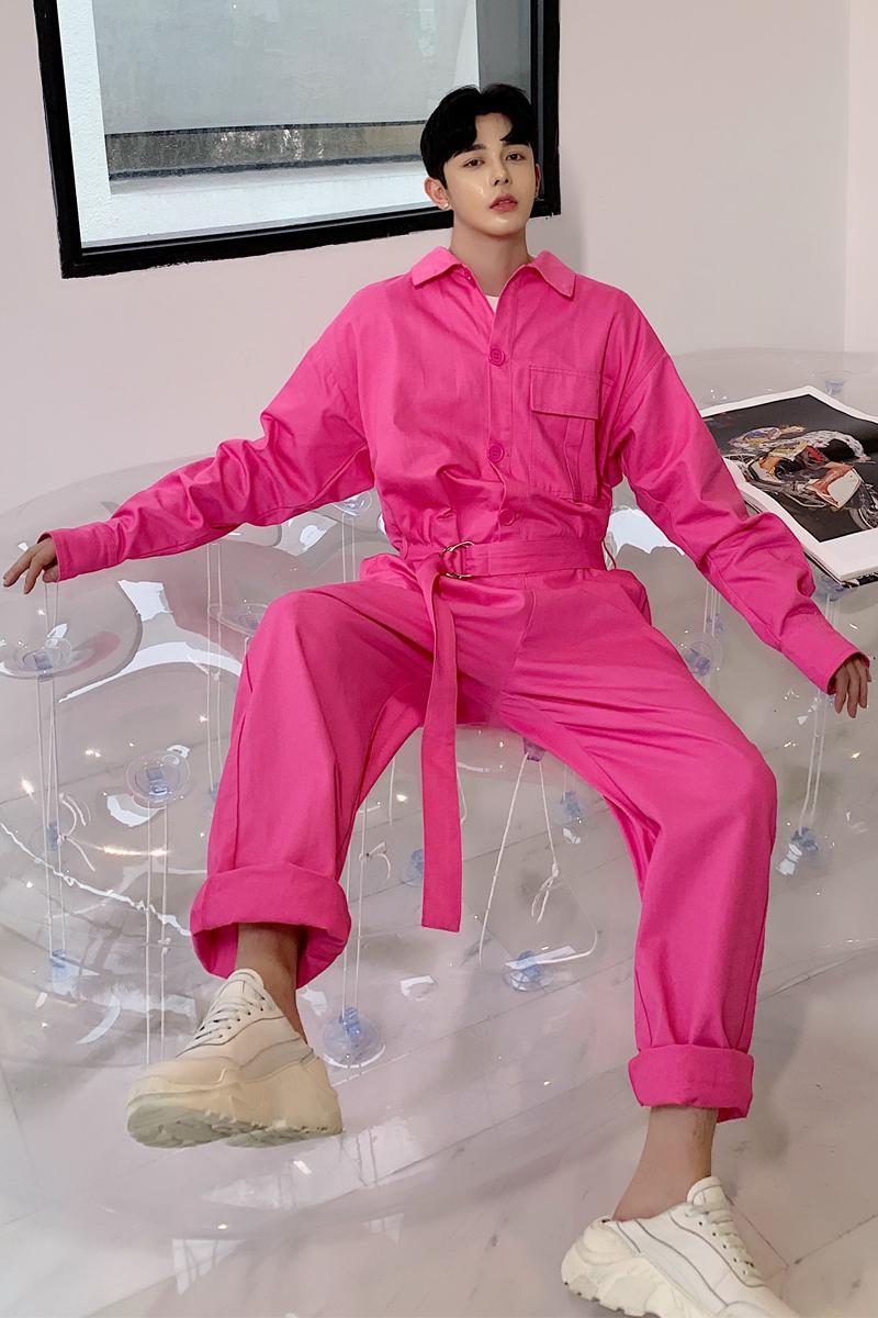 

Men's Pants 2021 Fashion Jumpsuit Overalls Trend Simple Loose Hip Hop Pink Singer Costumes, Black