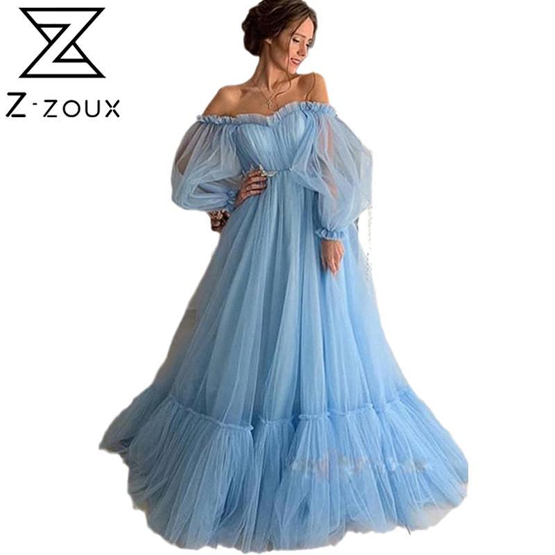 

Women Dress Temperament Wedding es Slash Neck Off Shouder Mesh Party es Large Hem High Waist Plus Size 210524, Light blue