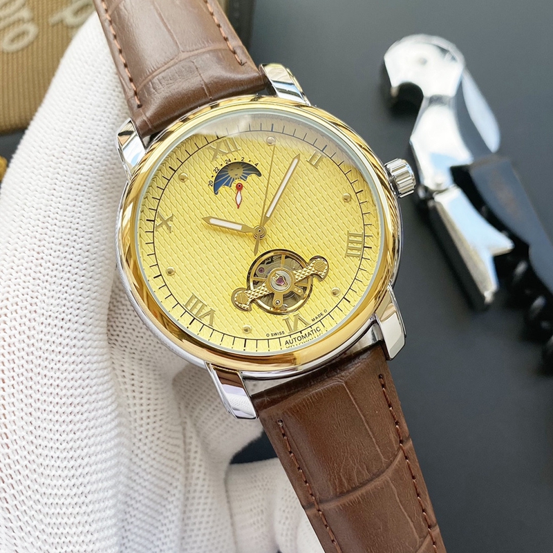 

2021 luxury men's watch big flywheel automatic mechanical watches Four needles wristwatch European Top brand stainless steel And leather strap Fashion moon Phase