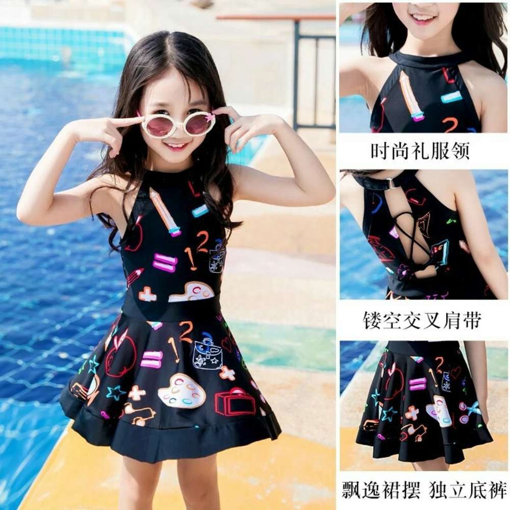 

Children's suit Swimsuit one-piece skirt Cute Princess Baby small middle and large children's student girl's spring swimsuit, Black