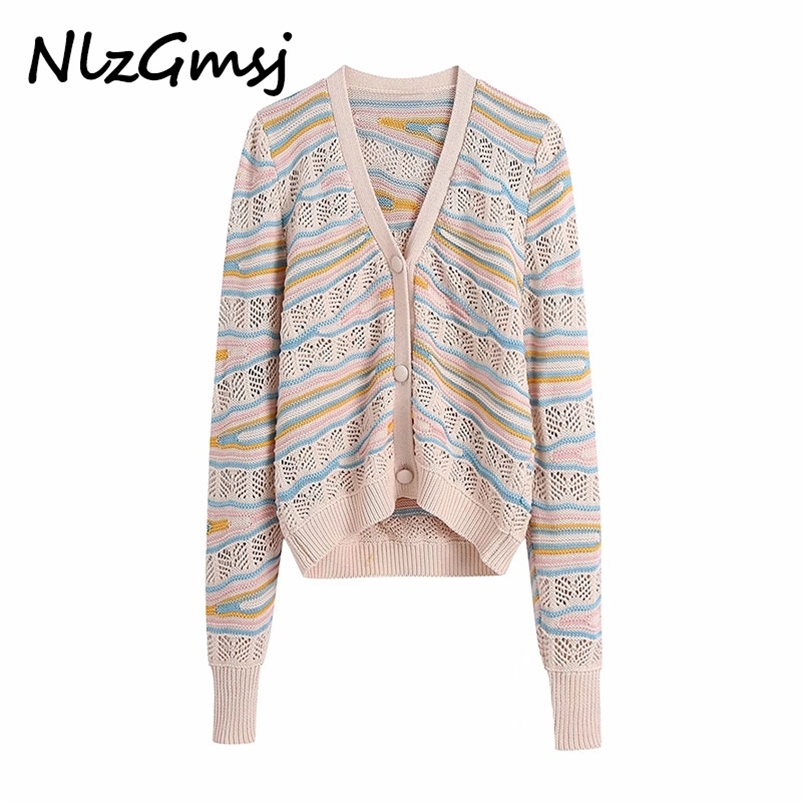 

Sweater Women Vintage Jacquard Mesh Cloth Crochet Knitting Cardigan Female V Neck Casual 04 210628, As picture