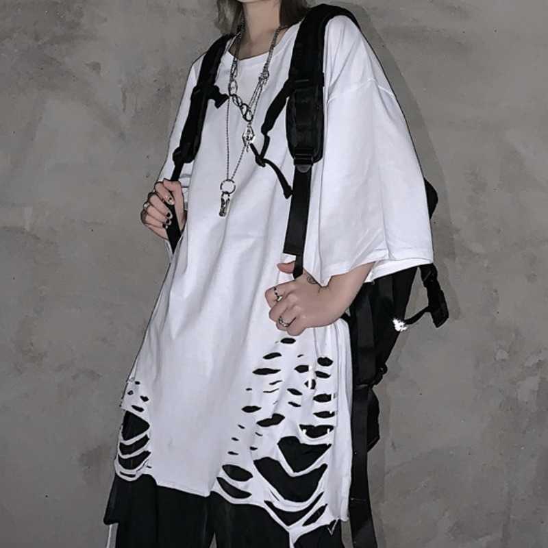 

Korea Ulzzang ripped female T-shirt solid color loose hip-hop streetwear tops Vintage punk casual Harajuku women clothing 210608, White