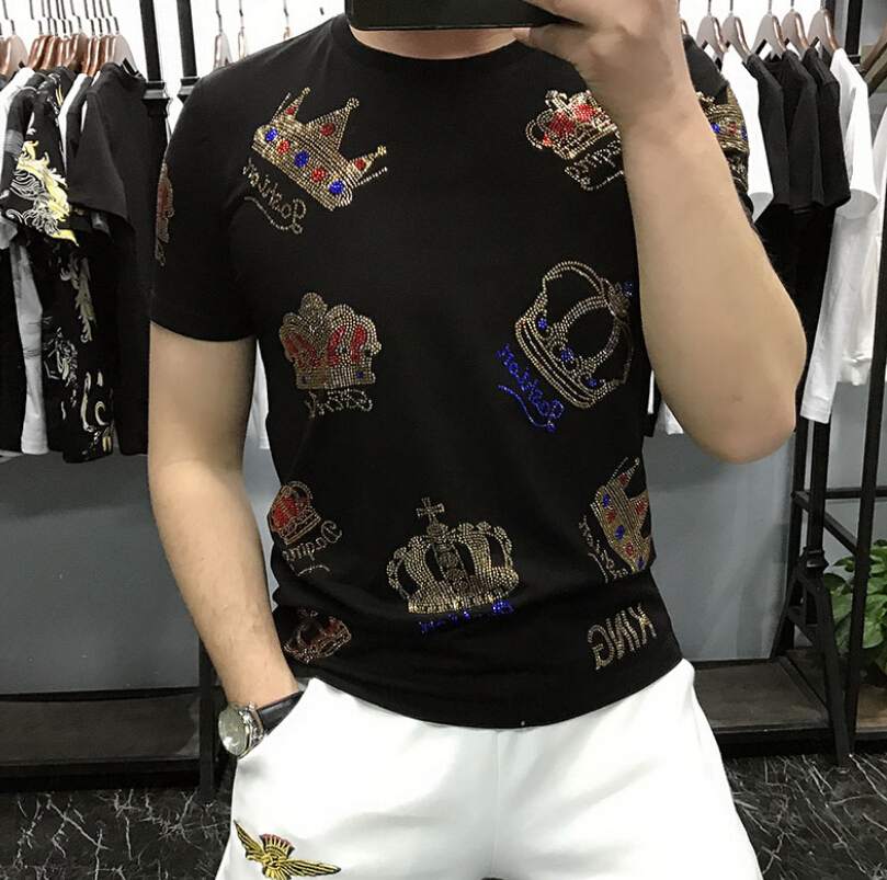 

European Style Drill Fit Short Sleeve T-shirt Men's Fashion Cool Bottoming tshirt top 2021 summer - white/black